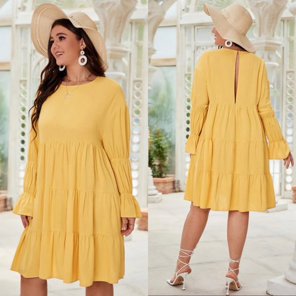 SHEIN Yellow Gathered Sleeve Keyhole Back Smock Dress Long Sleeve